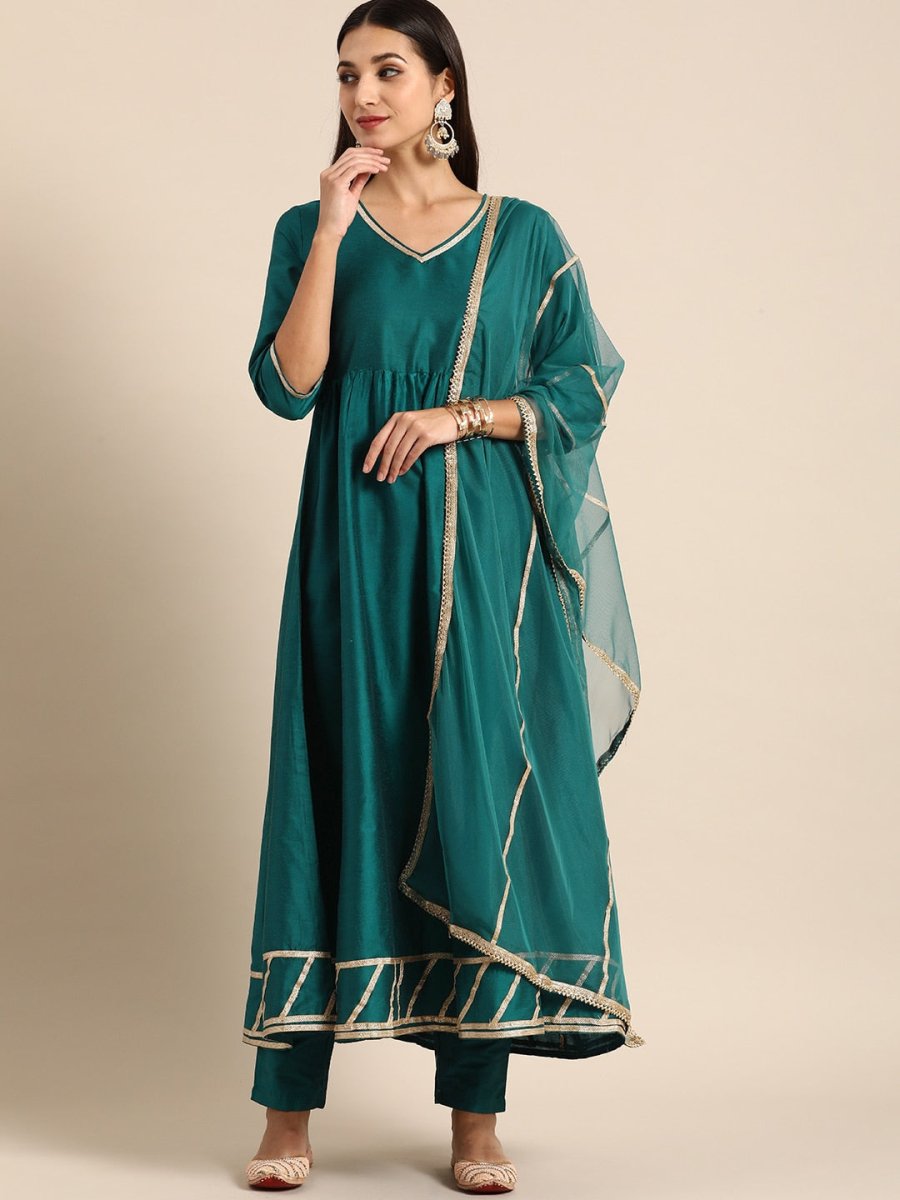 All About You Women Teal Green Solid V-Neck Anarkali Kurta with Trousers & Dupatta