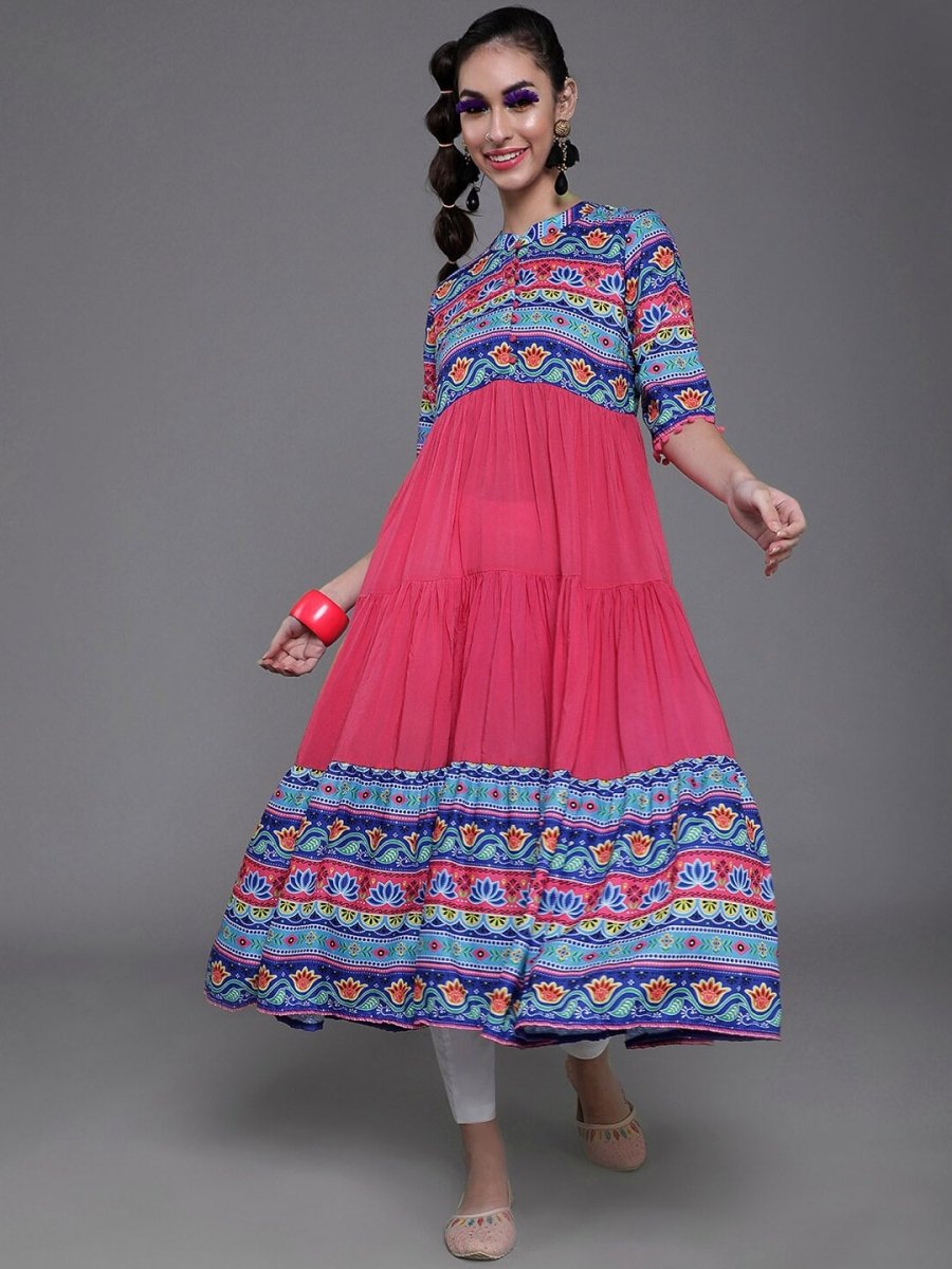 Aks Ethnic Motifs Printed Mandarin Collar Cotton Silk Anarkali Kurta