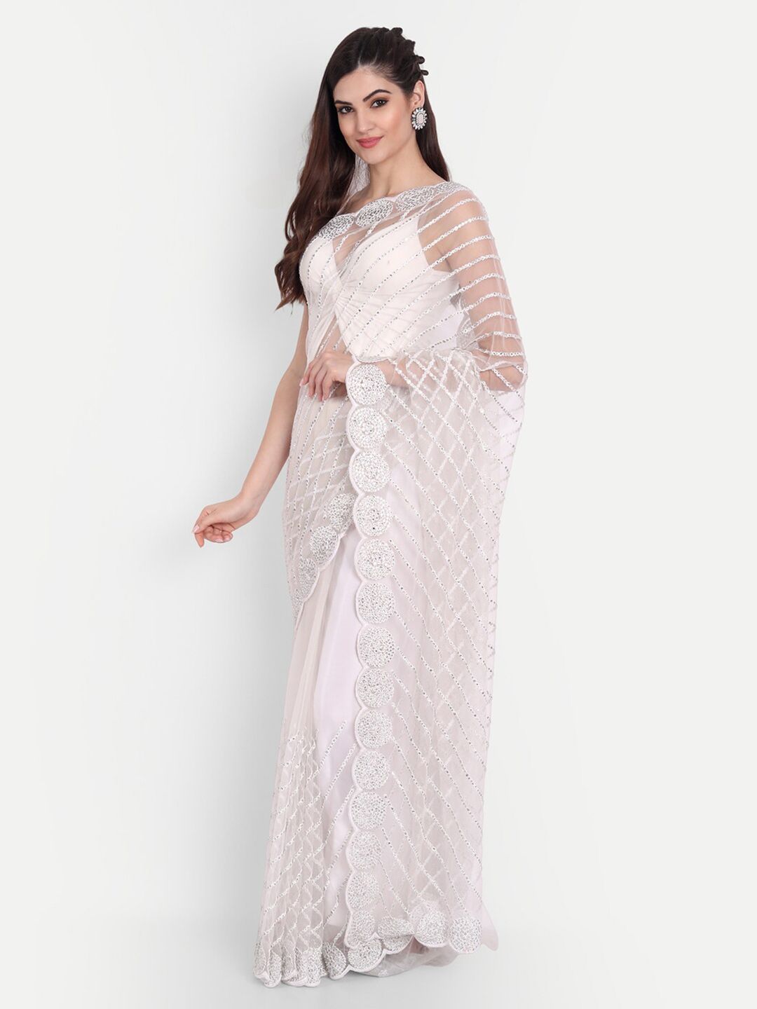 kasee Women White Floral Embroidered Net Saree