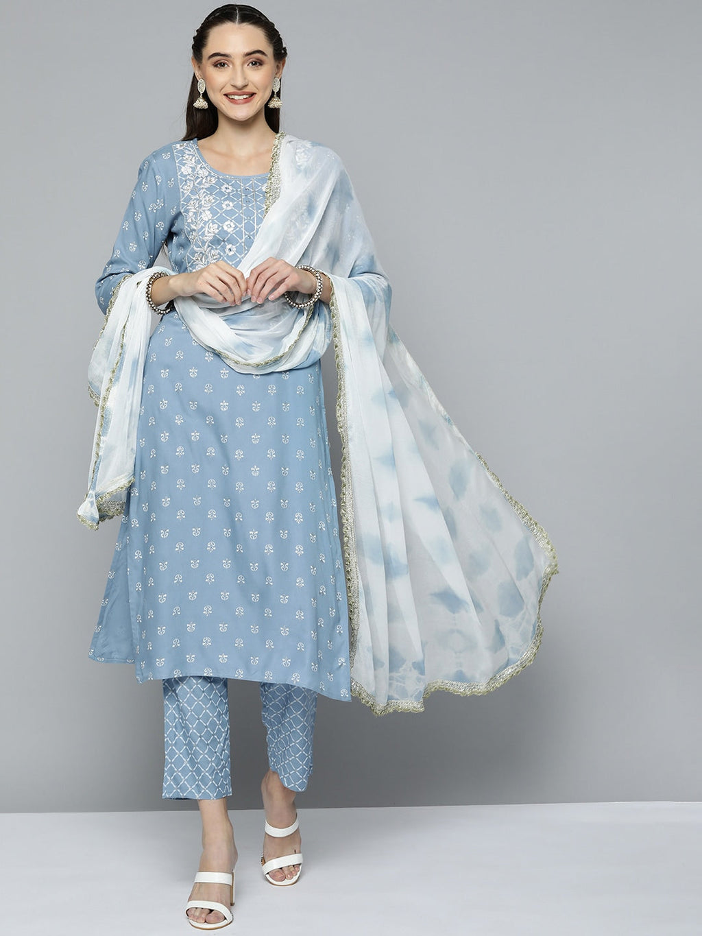 HERE&NOW Women Blue & White Ethnic Embroidered Kurta with Trousers & With Dupatta