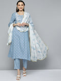 HERE&NOW Women Blue & White Ethnic Embroidered Kurta with Trousers & With Dupatta