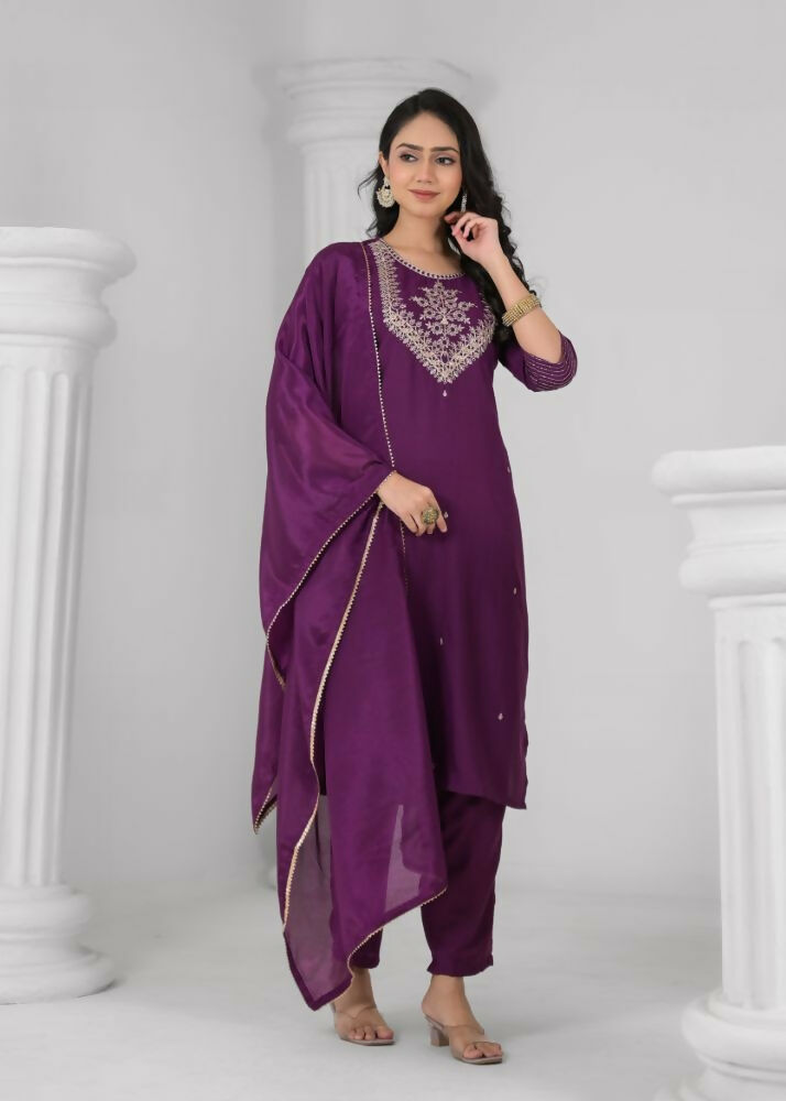 Ethnic Festive Wear Reyon Wine Stitched Suit With Dupatta - Tanisha