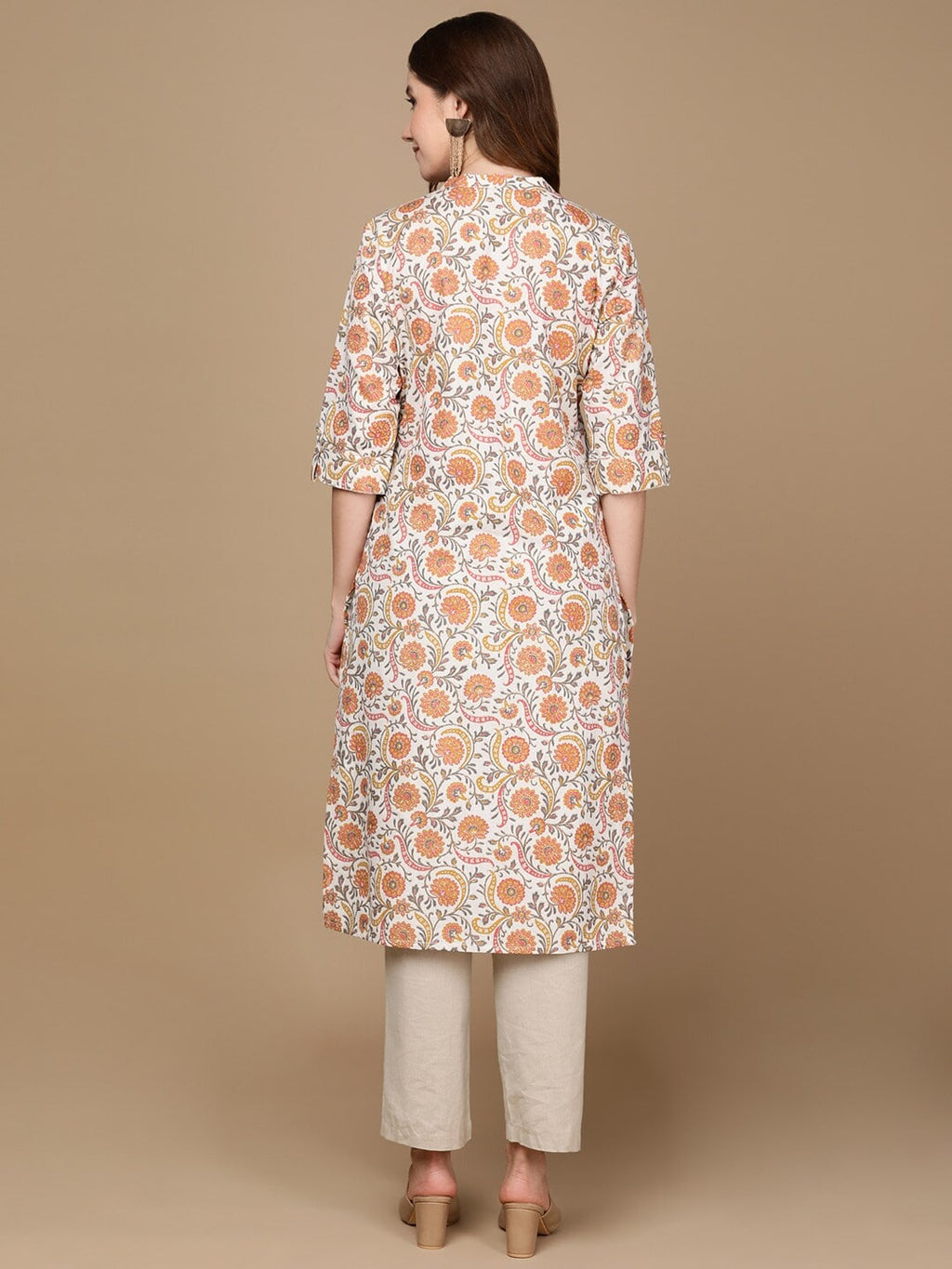 HERE&NOW White & Yellow Floral Printed Sequined Cotton Kurta