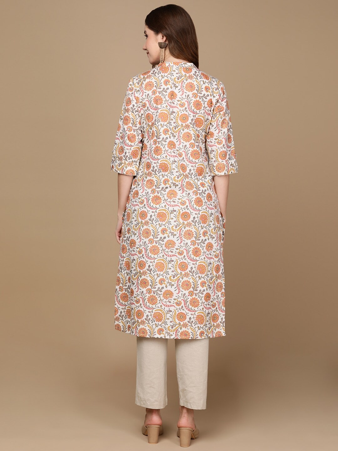 HERE&NOW White & Yellow Floral Printed Sequined Cotton Kurta