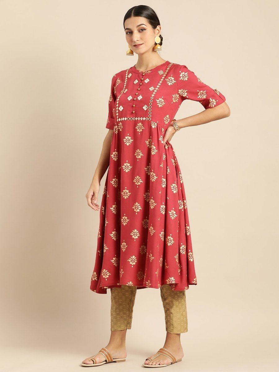 All About You Women Rust & Gold-Toned Ethnic Motifs Printed Mirror Work Kurta