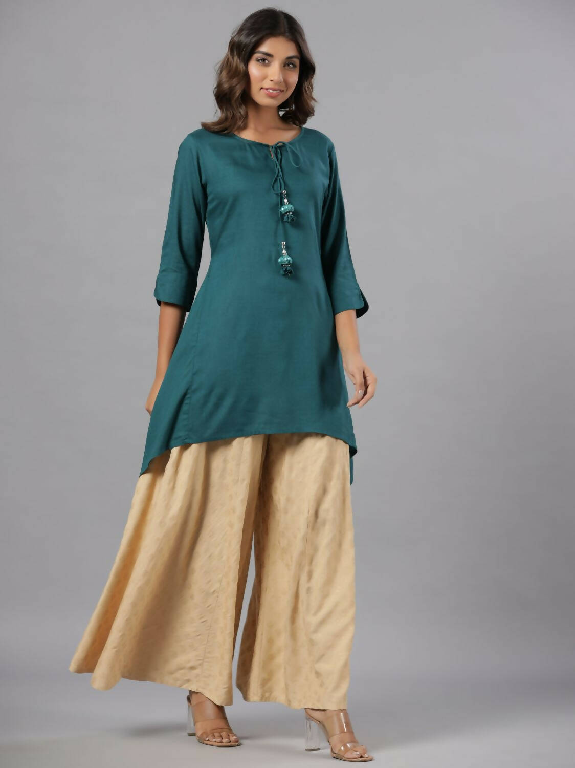 Juniper Women Teal Rayon Solid Asymmetric Kurta