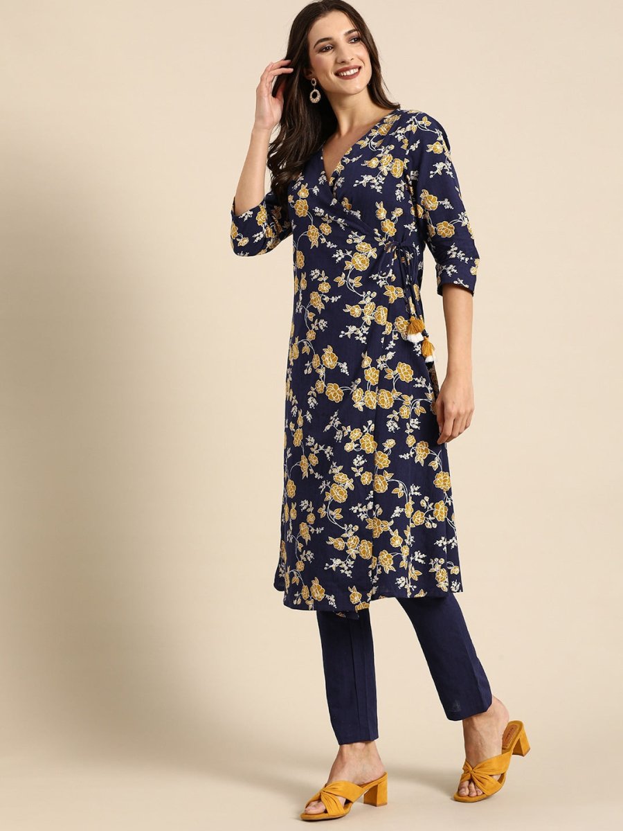 All About You Women Navy Blue Floral Printed Angrakha Pure Cotton Kurta with Trousers