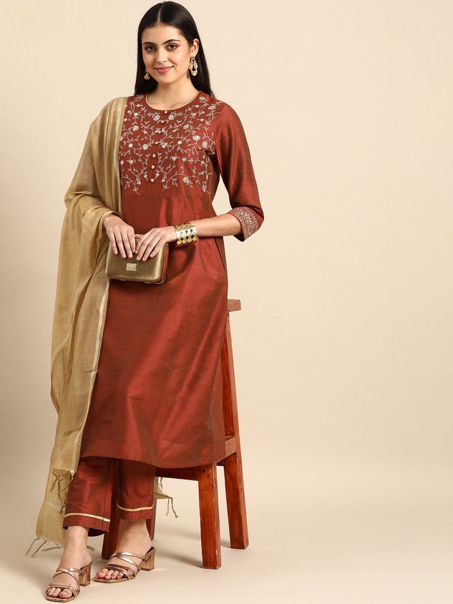 All About You Women Rust Embroidered Kurta with Trousers & Dupatta