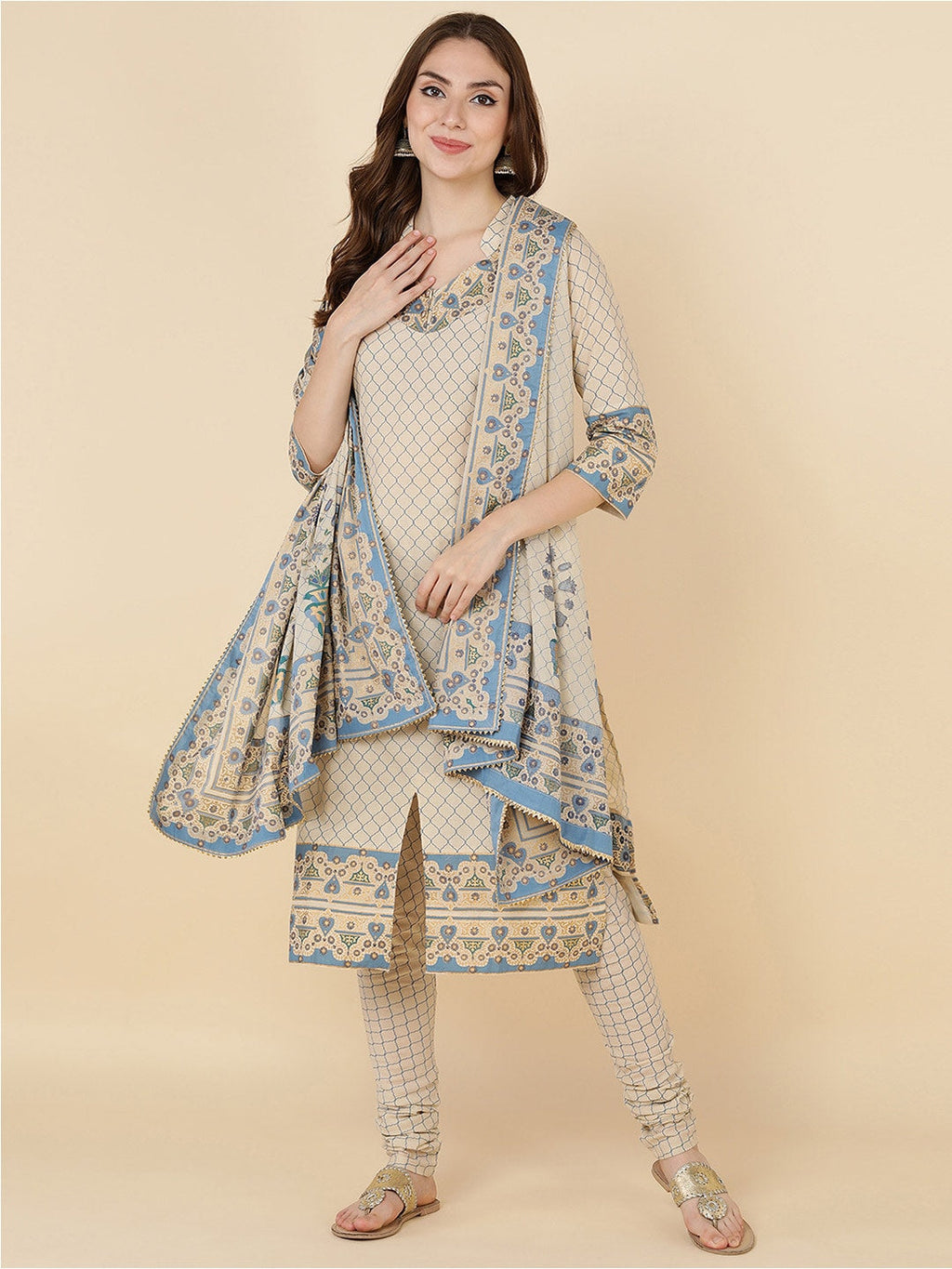 HERE&NOW Women Beige Printed Pure Cotton Kurta with Churidar & With Dupatta