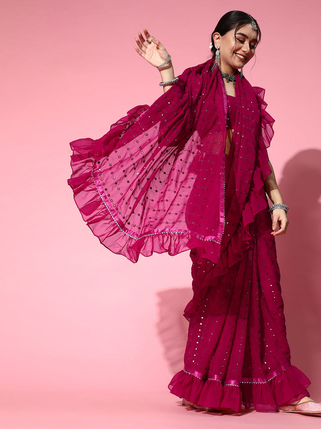 Tikhi Imli Embellished Poly-Georgette Saree with Solid border