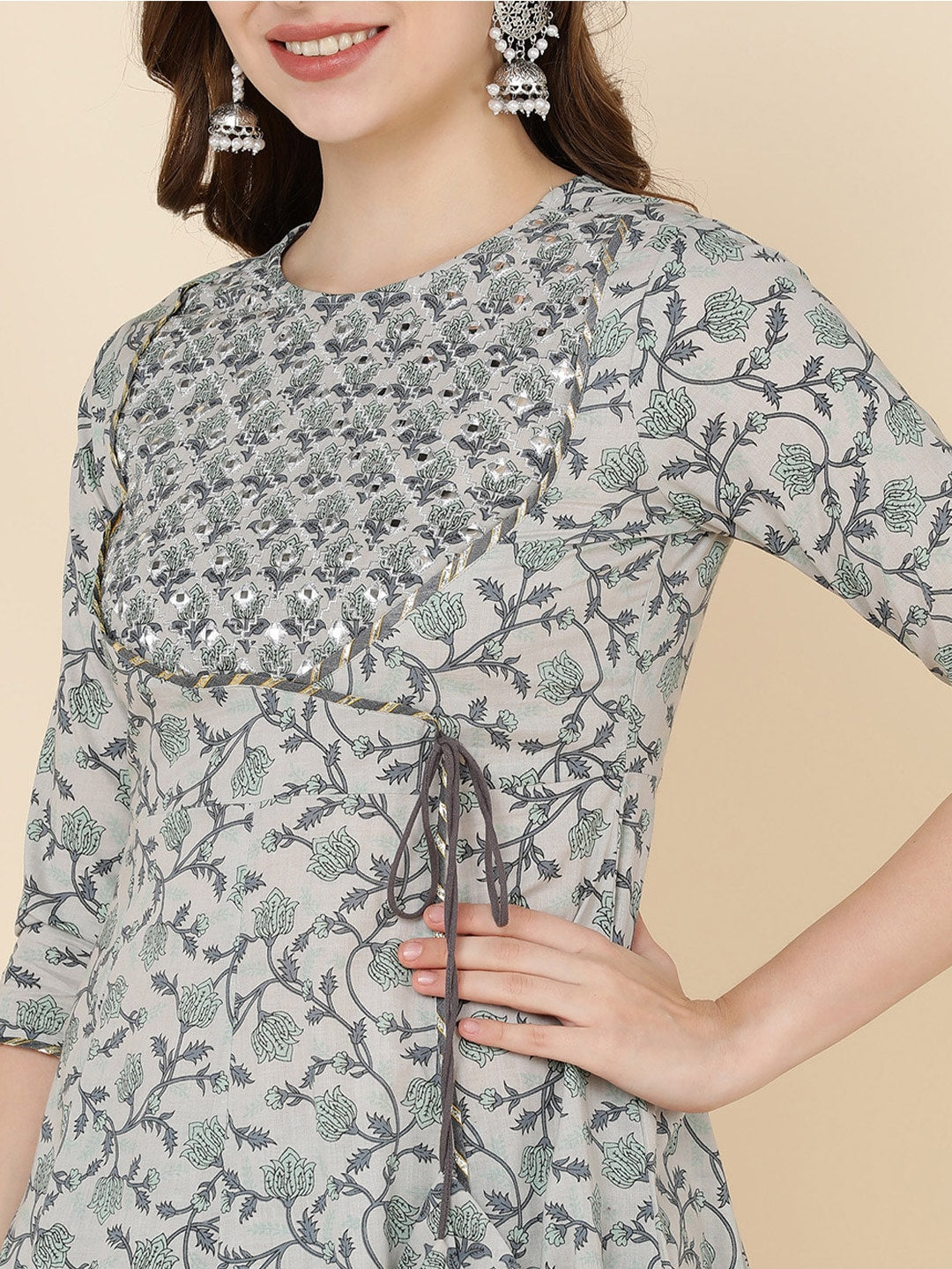 HERE&NOW Women Grey & Olive Green Embroidered Angrakha Kurta with Trousers & With Dupatta