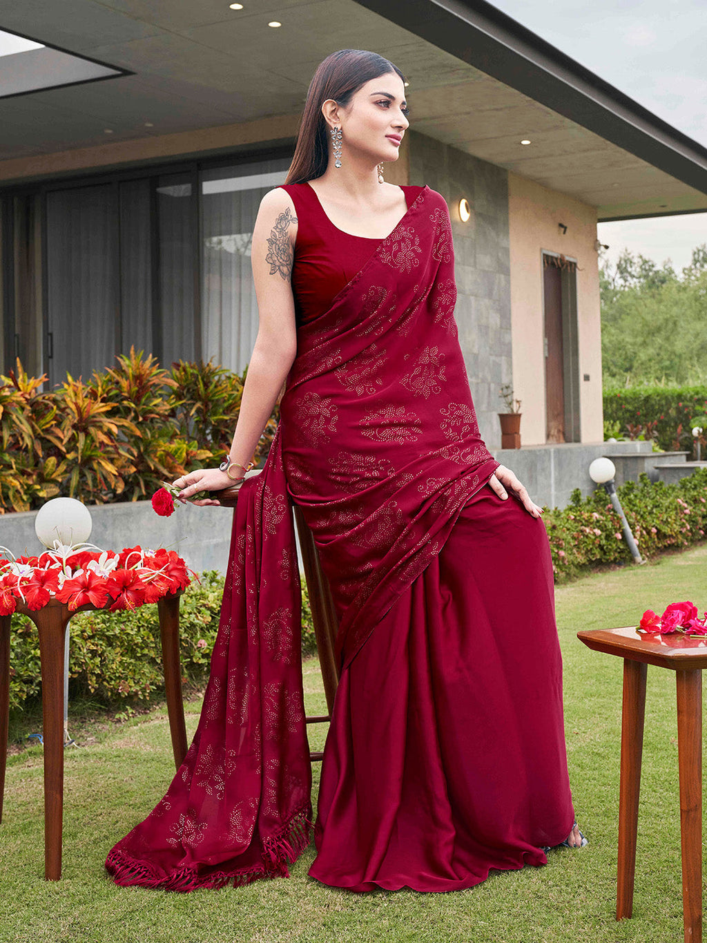 Tikhi Imli Embellished Half and half Satin Saree With Tassels