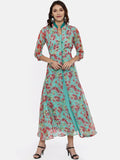 Souchii Turquoise Blue & Pink Floral Print Ethnic Maxi Dress