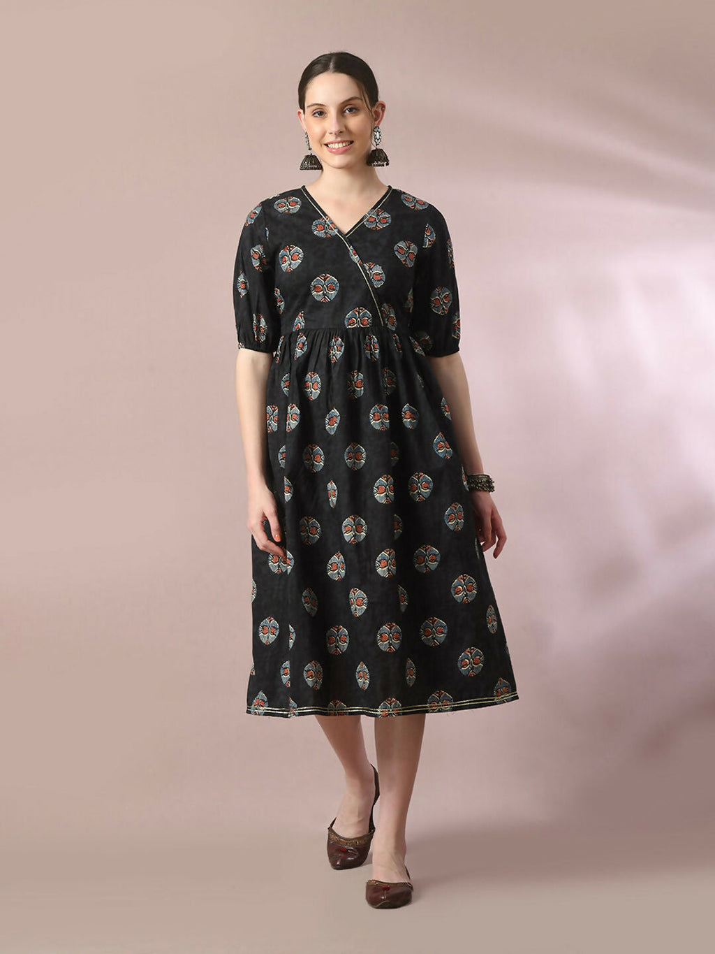 Myshka Women's Black Printed Cotton V-Neck Empire Party Dress