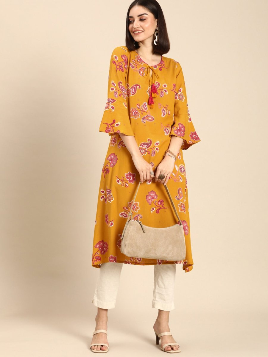 All About You Women Mustard Yellow Ethnic Motifs Printed Flared Sleeves Kurta