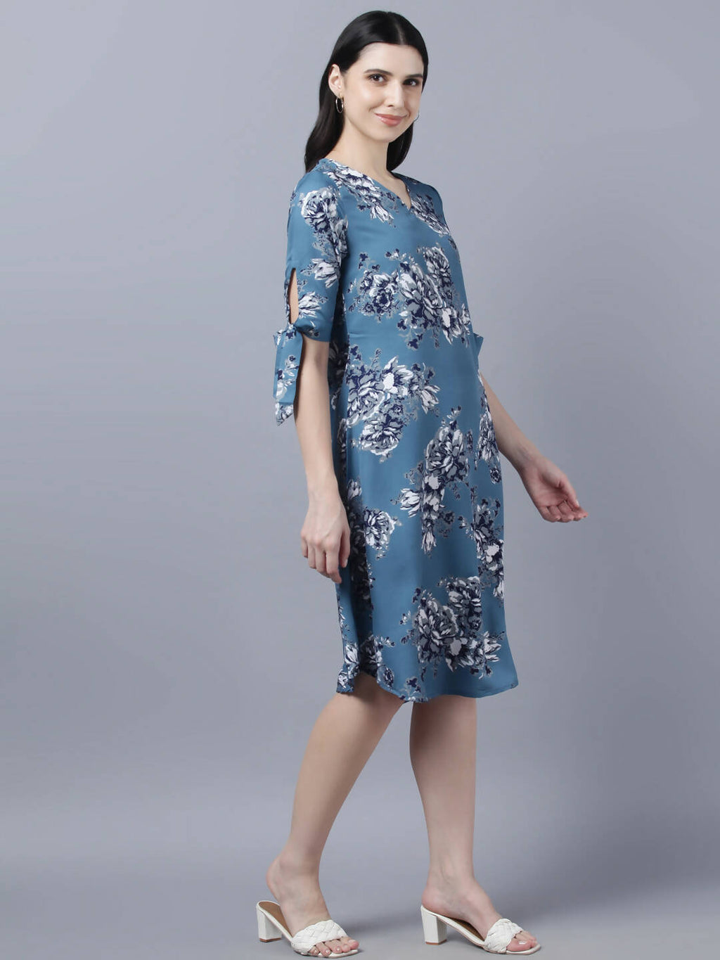 Myshka Women Teal Blue Grey Printed A-line Dress