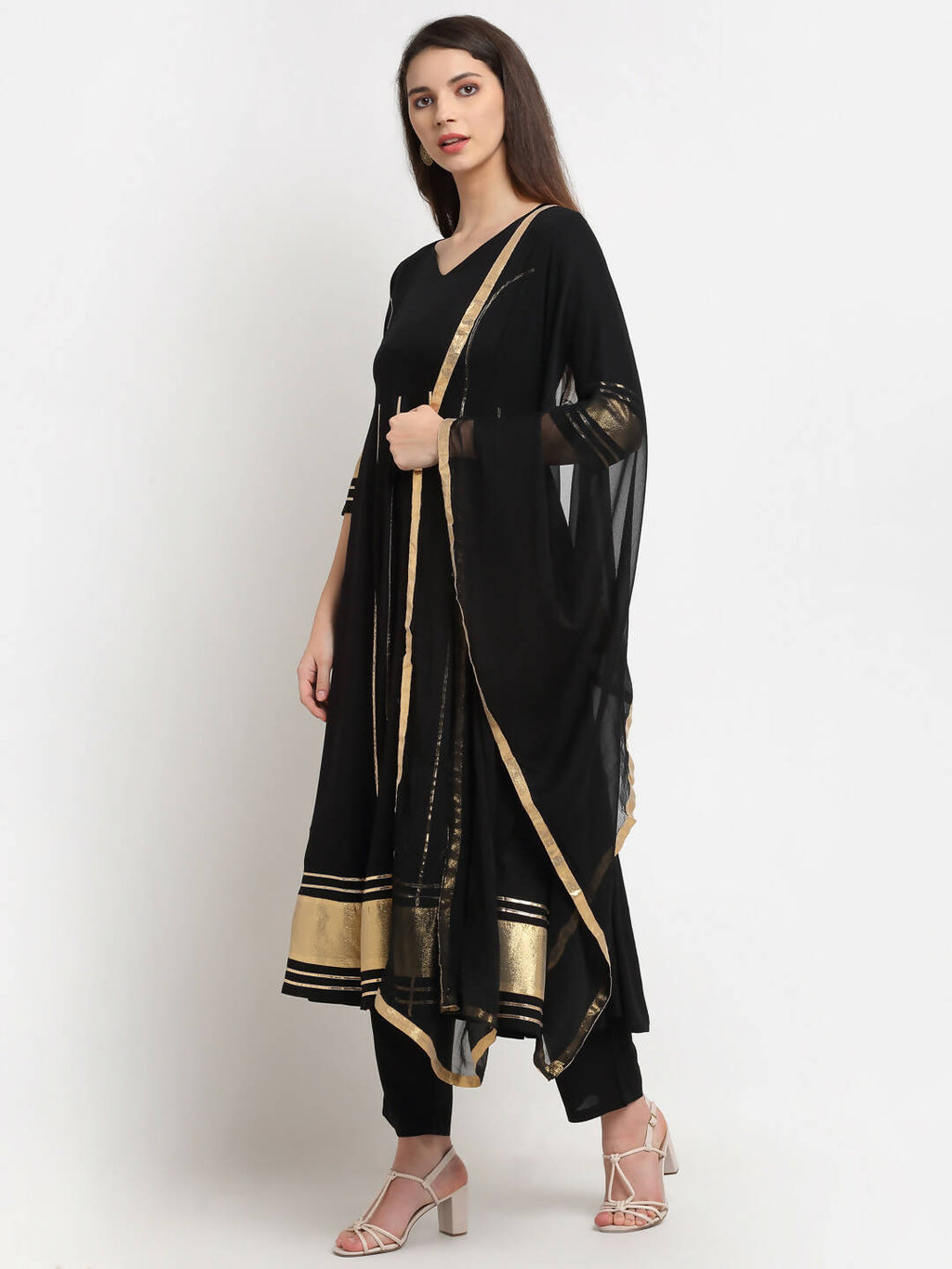 Rudra Bazaar Black Anarkali Kurti & Pyjamas With Duppata
