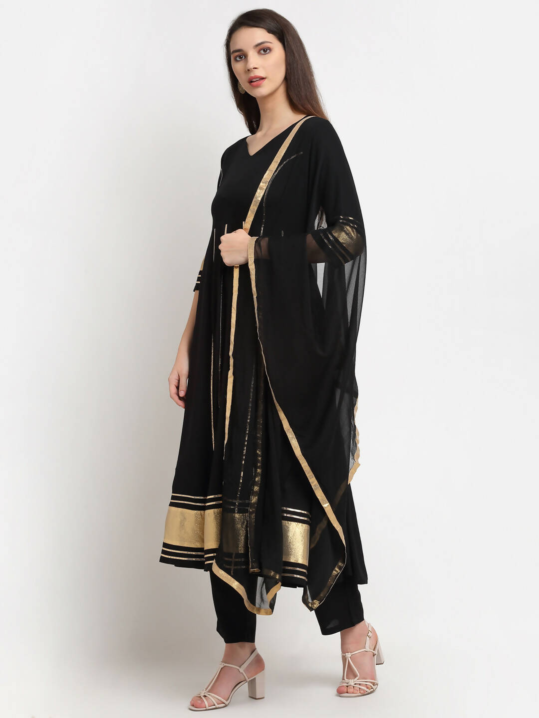 Rudra Bazaar Black Anarkali Kurti & Pyjamas With Duppata