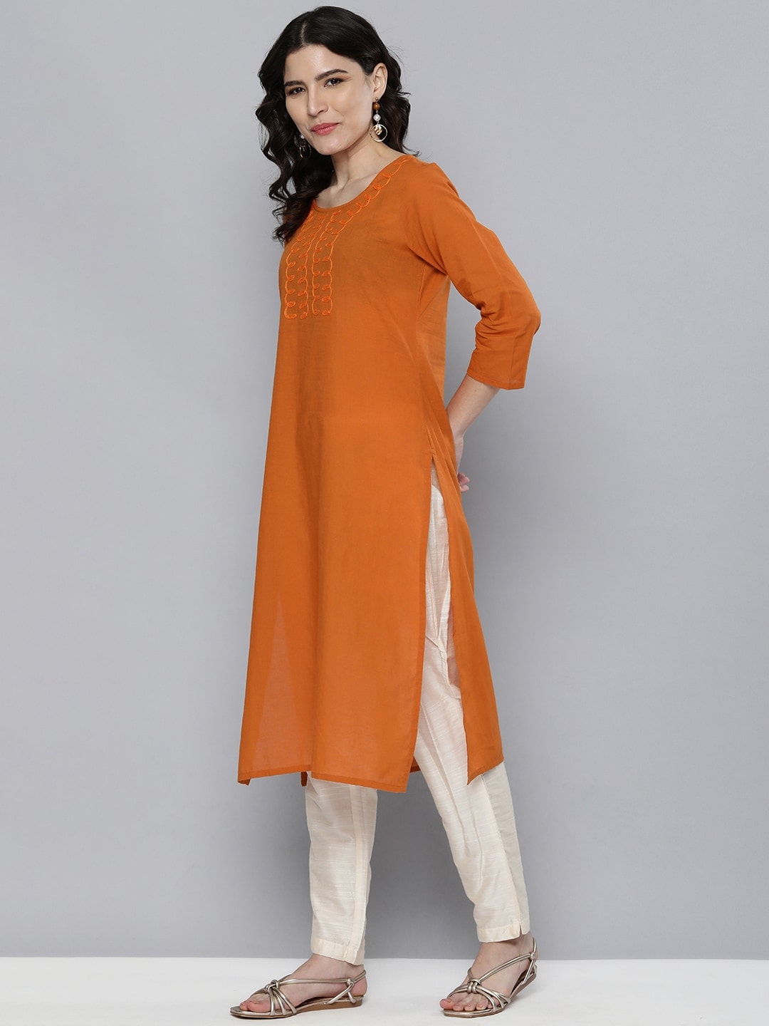 HERE&NOW Women Orange Embroidered Kurta