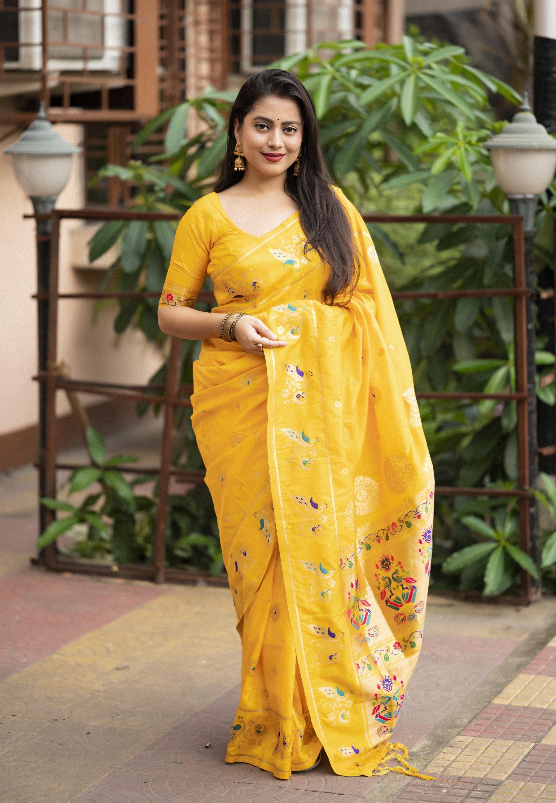 Yellow Pure Silk Woven Design Saree with Unstitched Blouse - Hiral Fashion