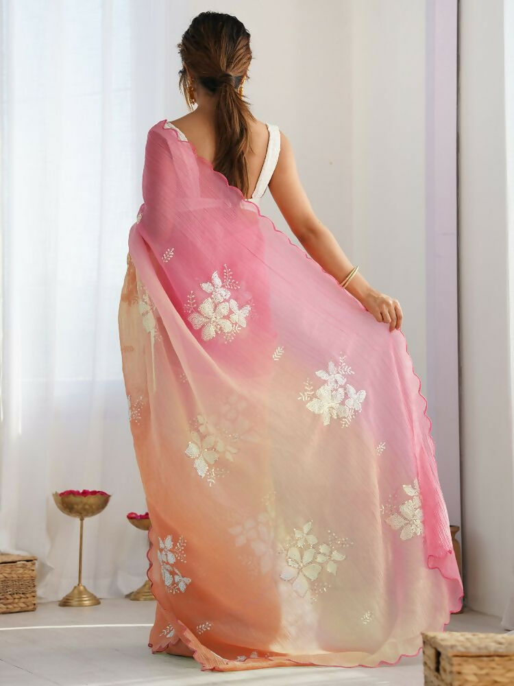 PR Fashion Pink_Orange Gold Crush Embroidery Work Saree