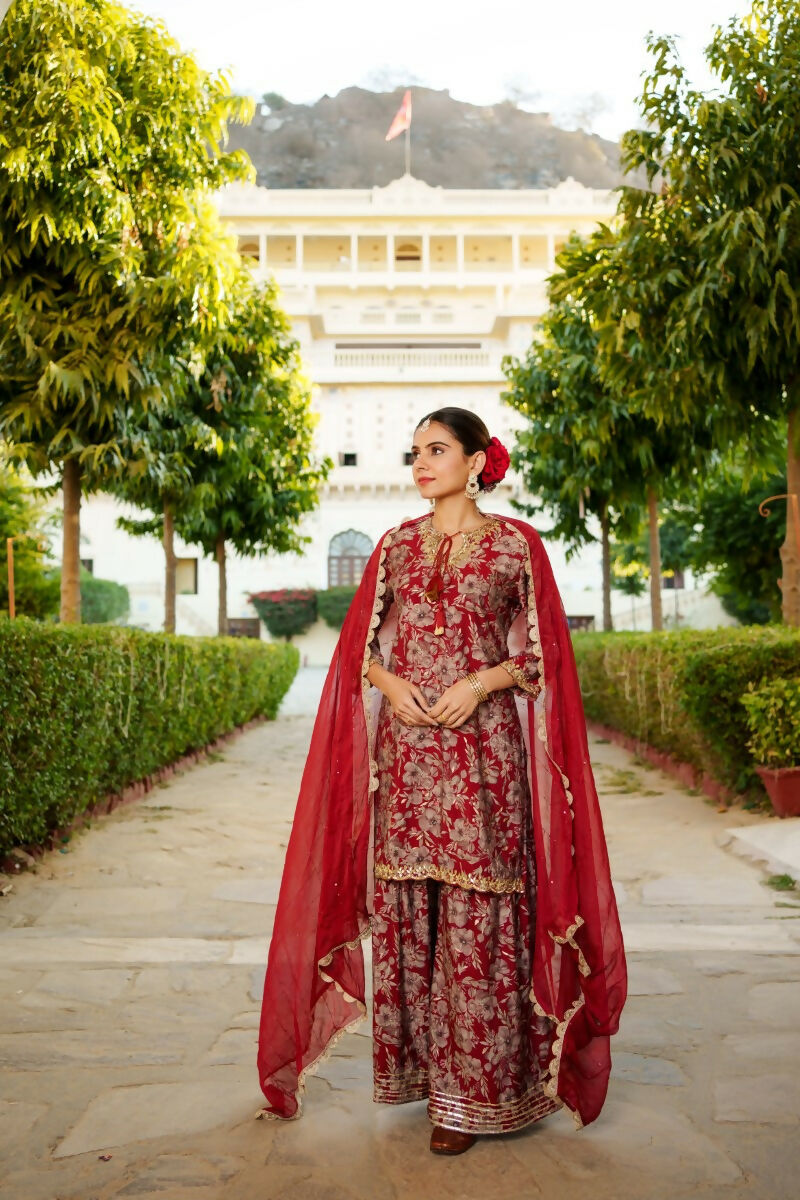 Vaasva Women Maroon Muslin Floral & Embroidered Cut Work Kurta ,Sharara & Dupatta set