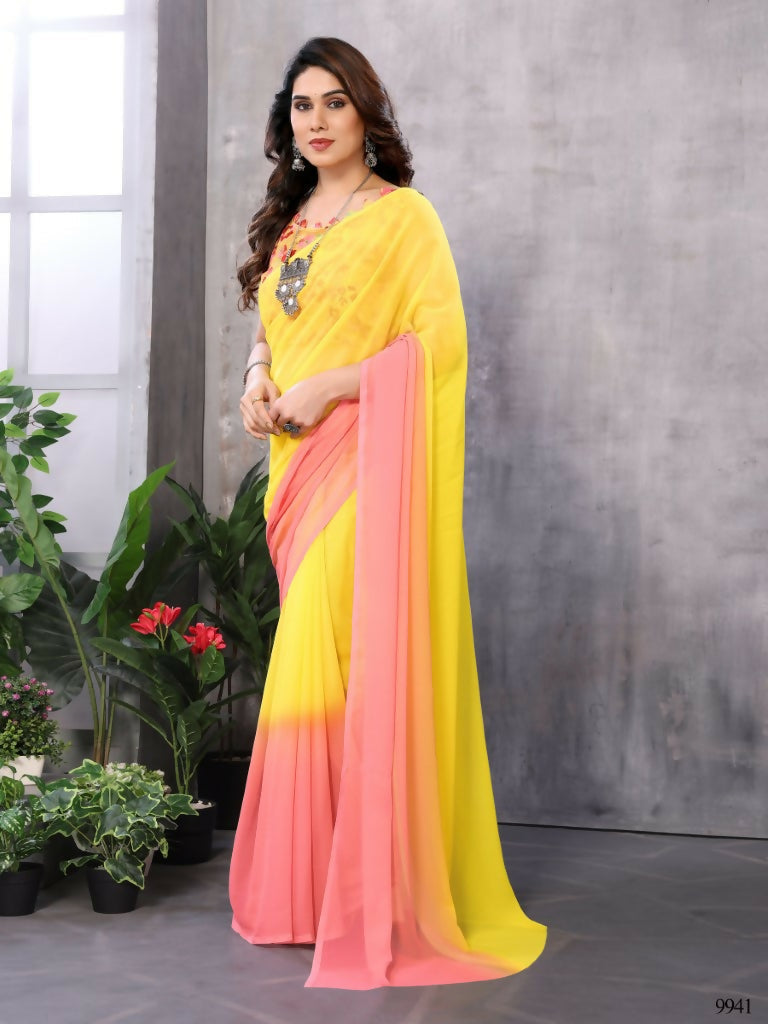 Partywear Designer Yellow & Pink Georgette Fancy Saree - Satrangi