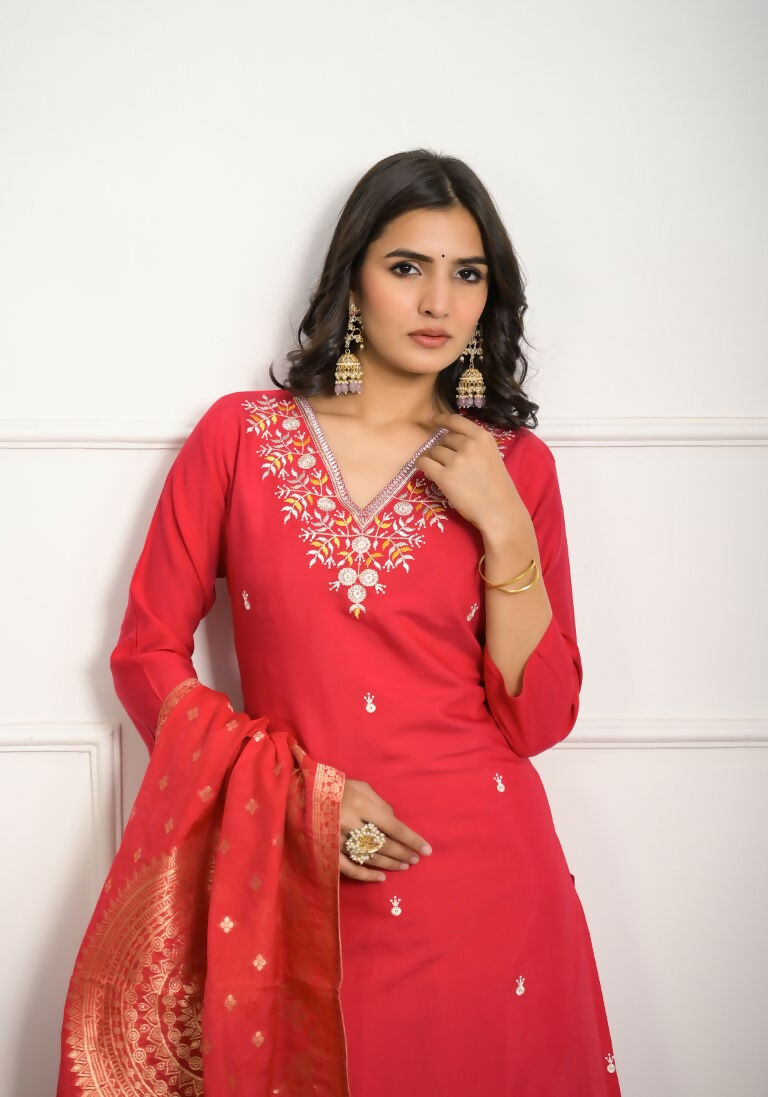 Festive Wear Ethnic Red Viscose Chanderi Stitched Suit With Dupatta - Tanisha
