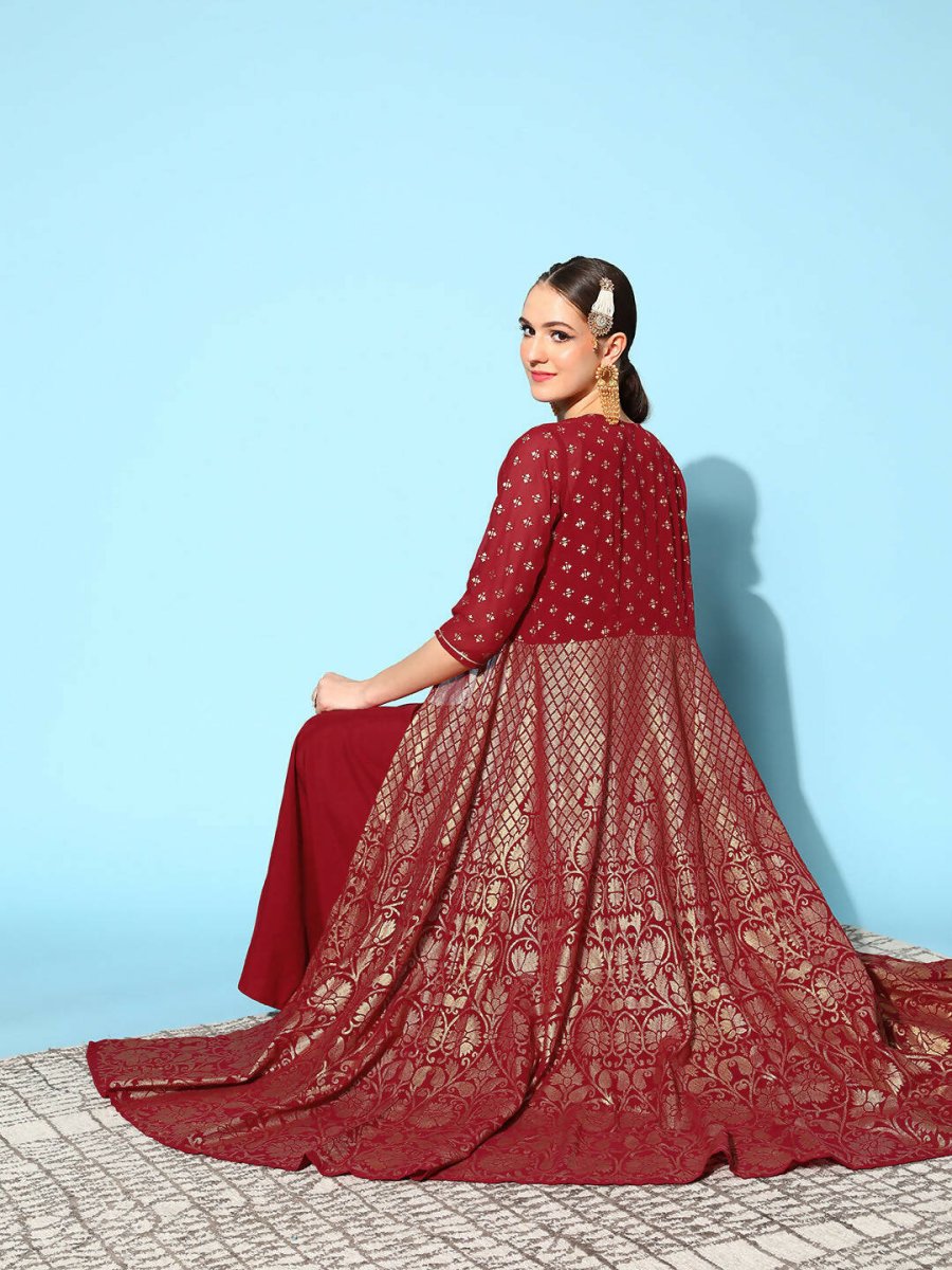 Ahalyaa Women Beautiful Maroon Crepe Brocade Ethnic Dress