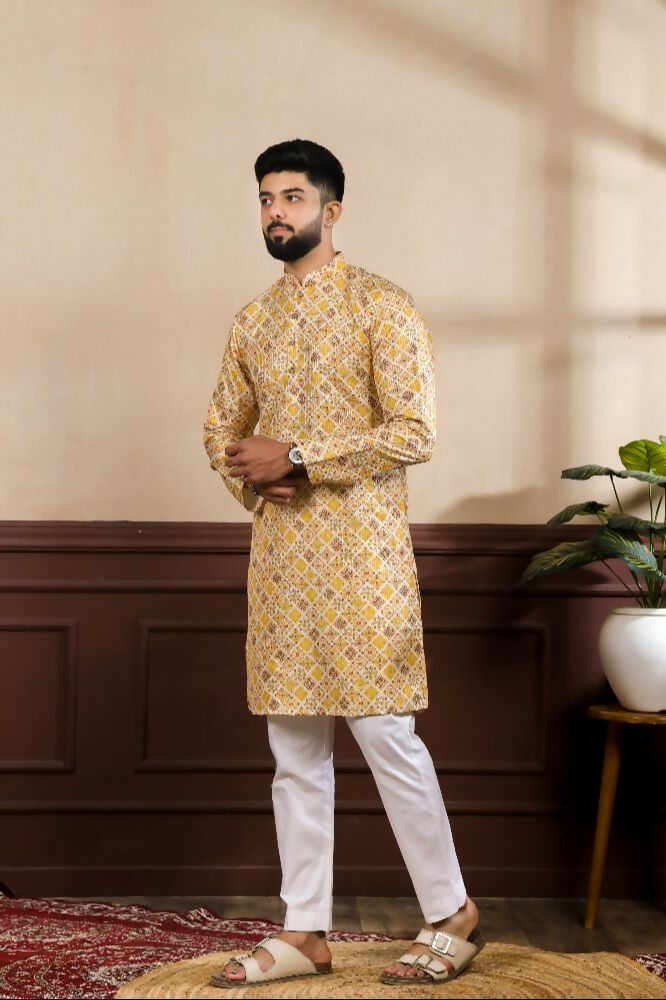 Mustard Art Silk Digital Printed, Embroidery Work Kurta Set - Mahotsav