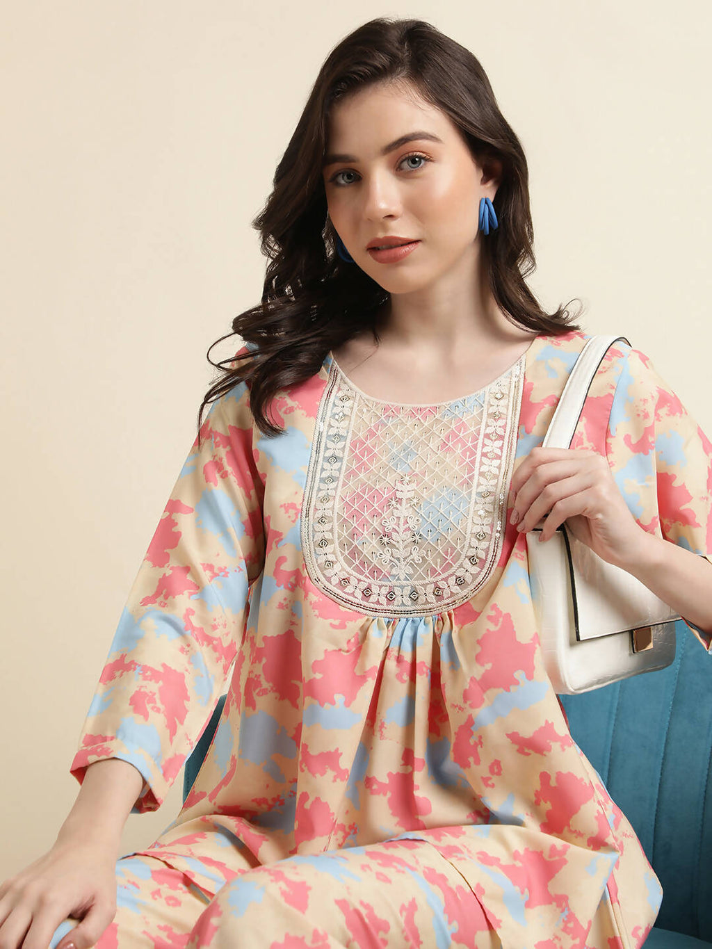 Beige & Pink Poly Crepe Digital Printed Top with Matching Bottom - Preeti