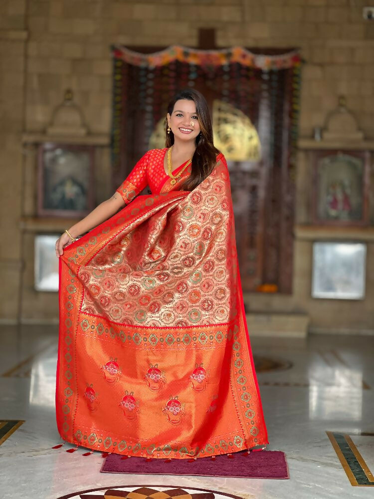 PR Fashion Red Soft Kanjivaram Silk With Zari Weaving Meenakari Design Saree