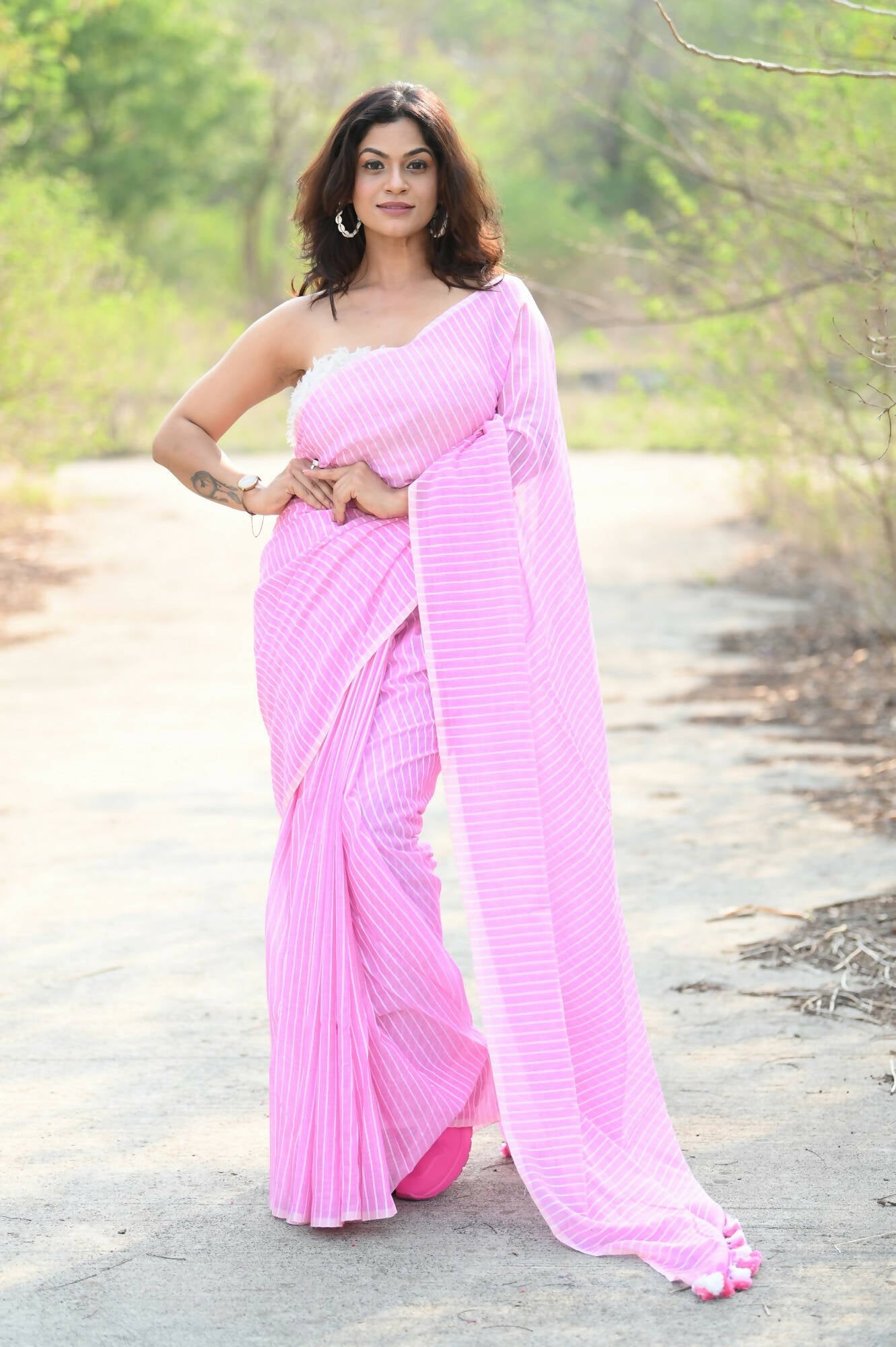 Very Much Indian Designer Pure Cotton Saree With All Over Linear Stripes - Light Pink