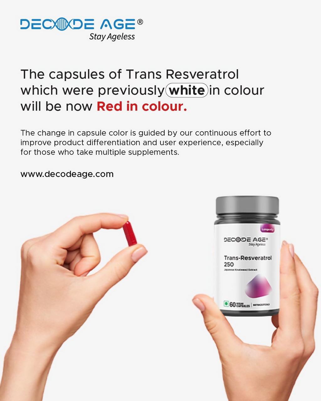 Decode Age 99.5% Pure Trans Resveratrol 250mg Supplement Capsules