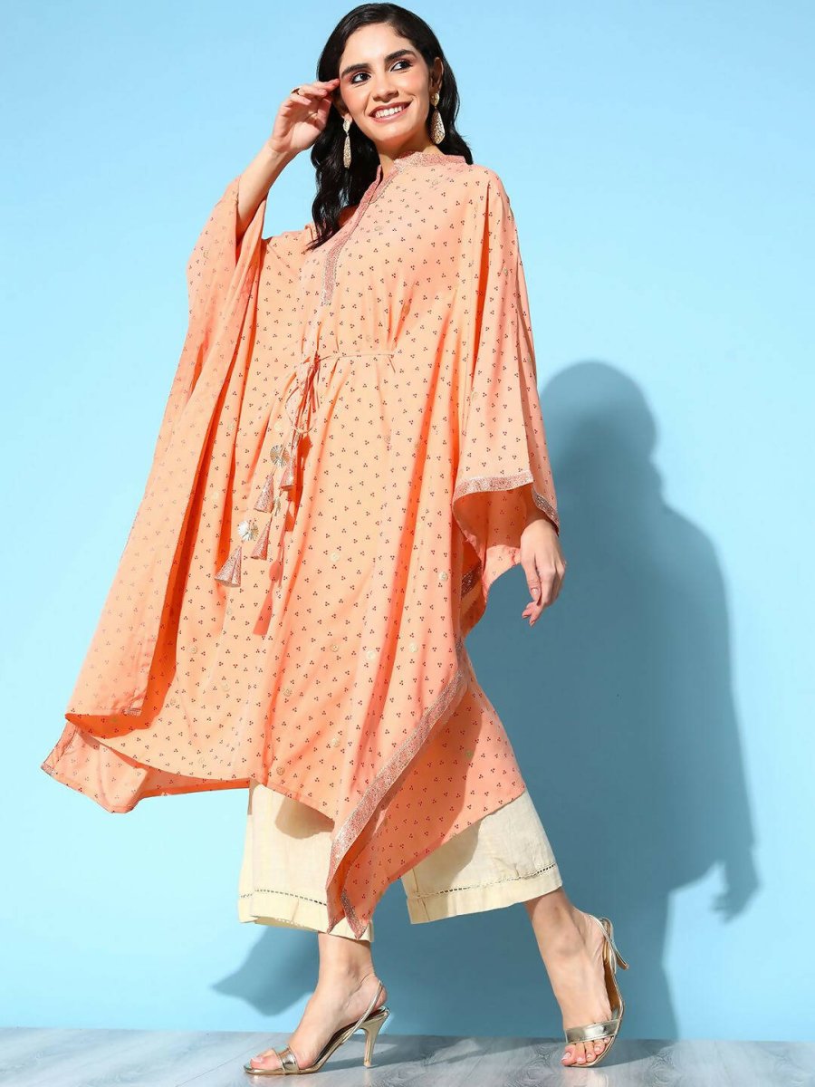 Ahalyaa Women's Peach Crepe Printed Kaftan Kurta