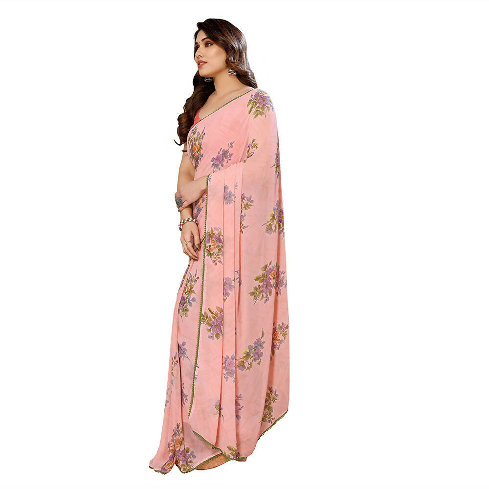 Women's Partywear Designer Peach Georgette Fancy Saree - Satrangi