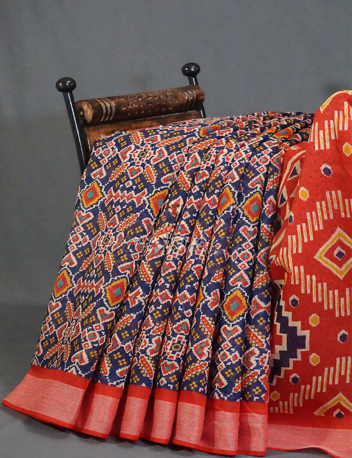 Shades Of Navy Blue And Red Patola Print Semi Chanderi Saree By Gayathri Reddy Designer Studio