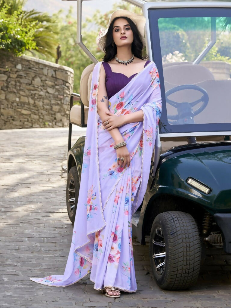 Vastranavya Lavender Weightless Marble Printed & Pearl Lace Border Saree with Unstitched Blouse