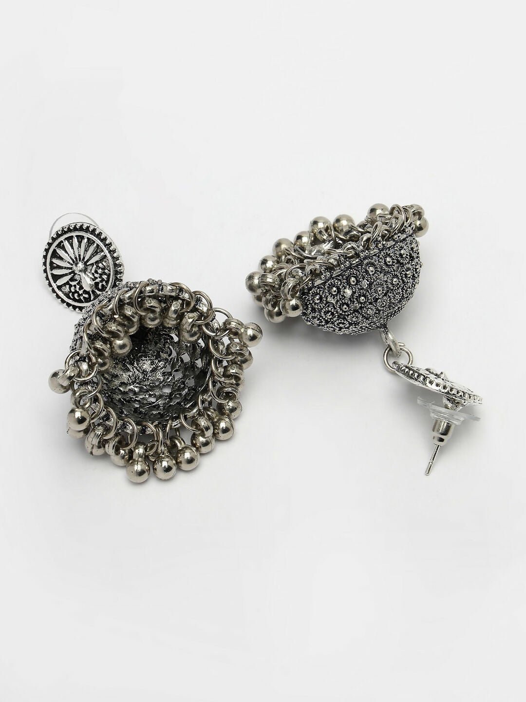 NVR Women's Set of 3 Silver-Toned German Silver Oxidised Dome Shaped Jhumka Earrings