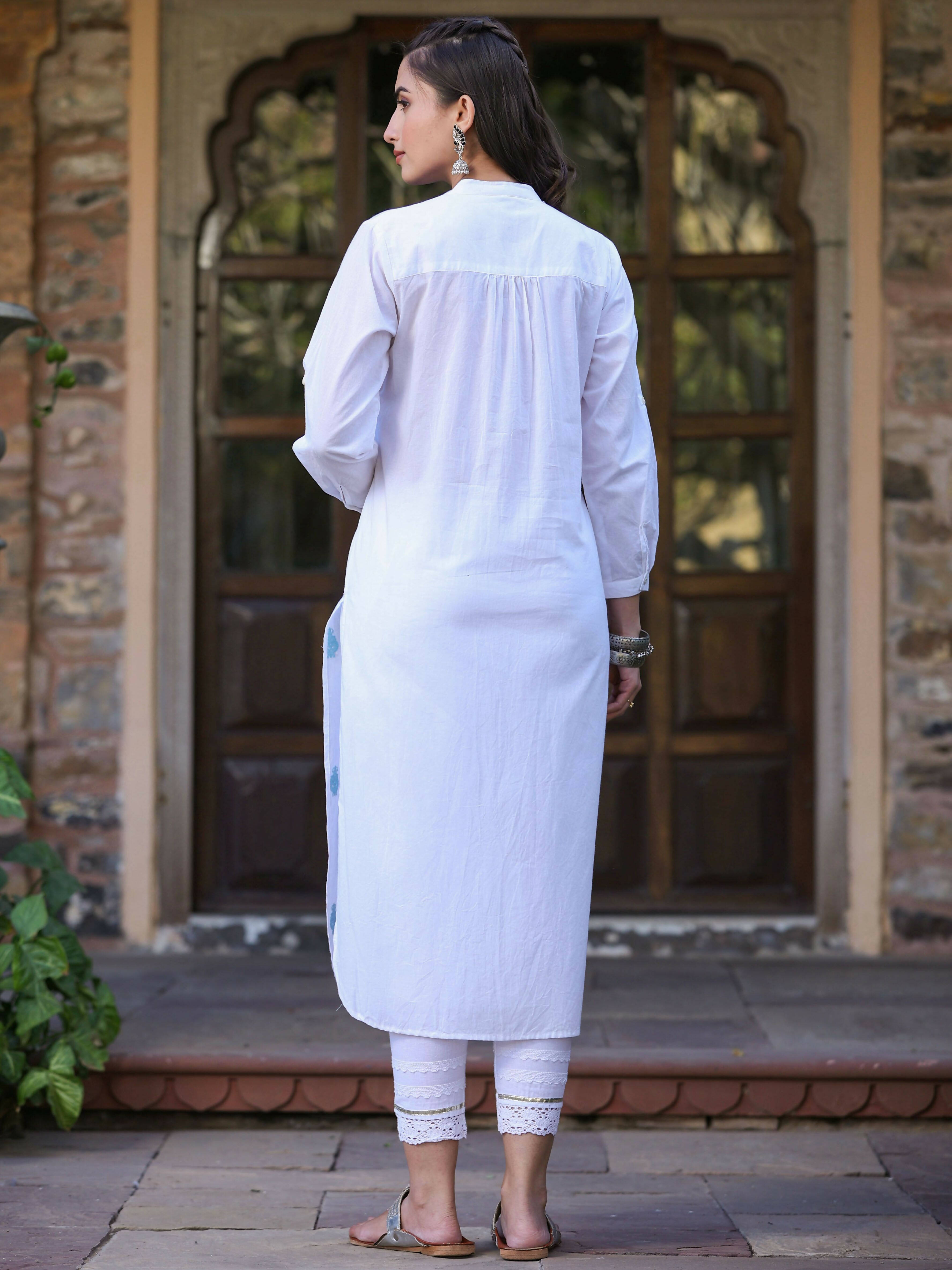 Juniper Women's White Cambric Printed Straight Kurta