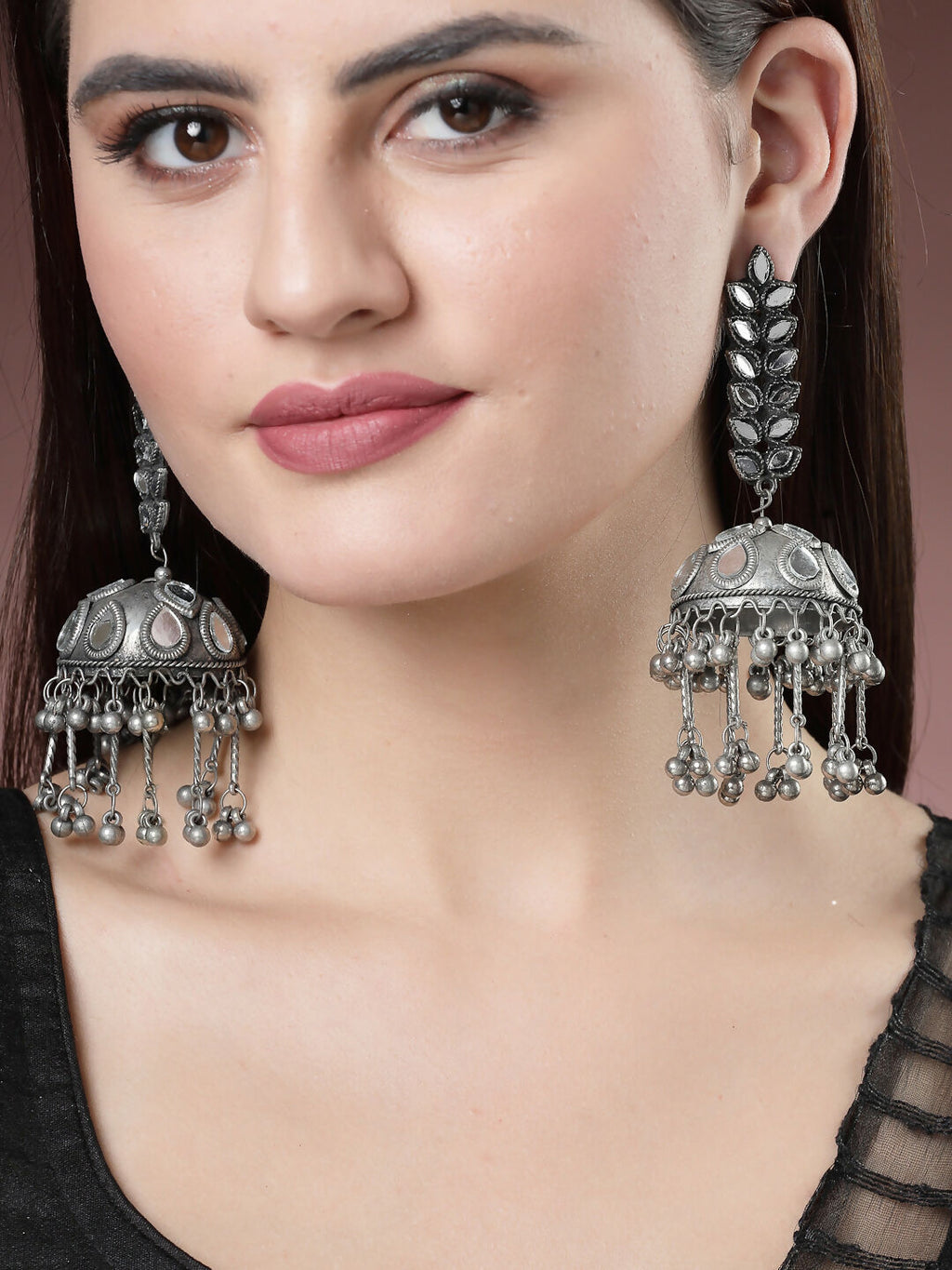 NVR Women's Silver Plated Mirror Work Oxidised Contemporary Jhumka Earrings