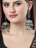 NVR Women's Silver Plated Mirror Work Oxidised Contemporary Jhumka Earrings