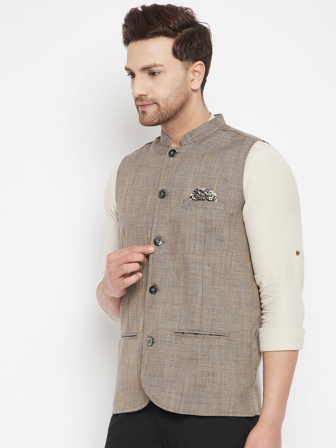Even Apparels Brown Linen Men Woven Nehru Jacket