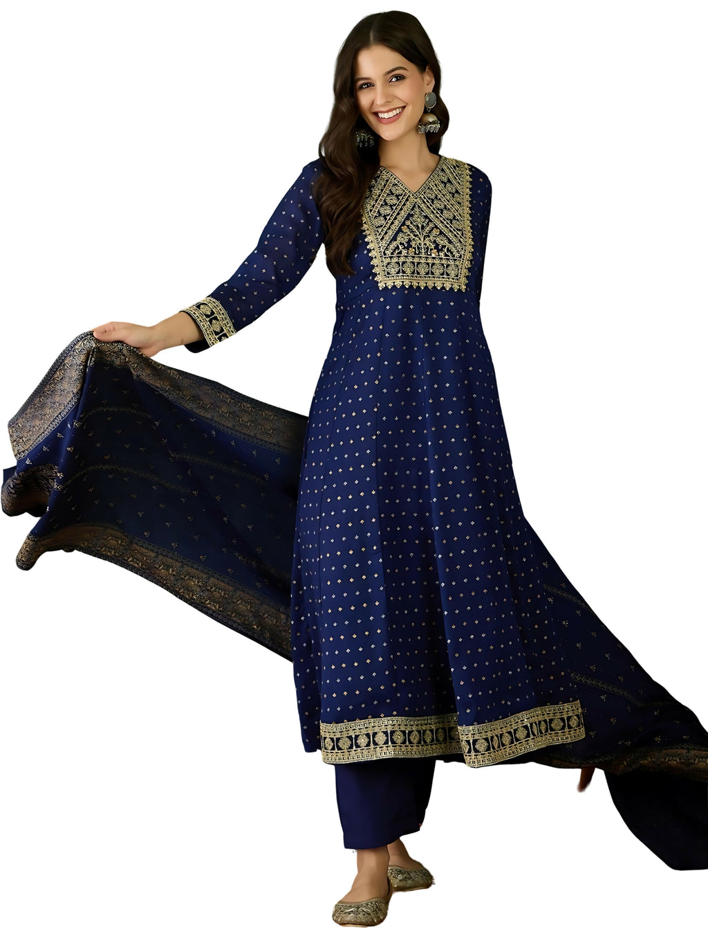 The52 Blue Women's Gorgeous Embroidered Work Vichitra Silk Fabric Flared Kurta Pant and Dupatta Set