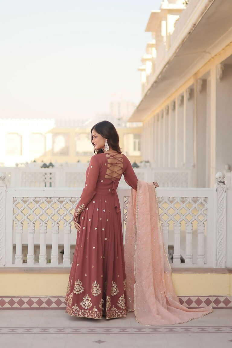 Jyoti Fashion Women's Brown Faux Georgette Sequins Thread Embroidery Anarkali Dress with Dupatta