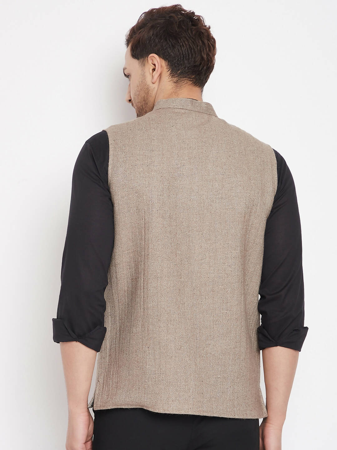 Even Apparels Beige Wool Men Woven Nehru Jacket