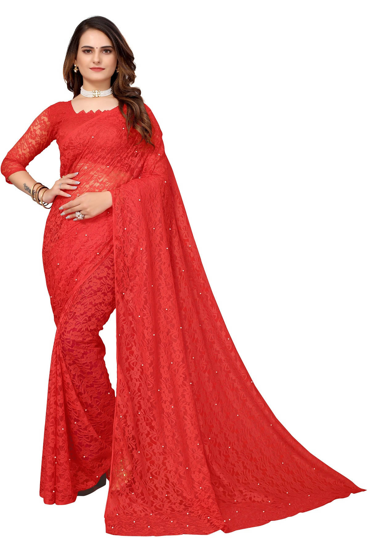 Vamika Ethnic Fire Red Pearls Net Saree