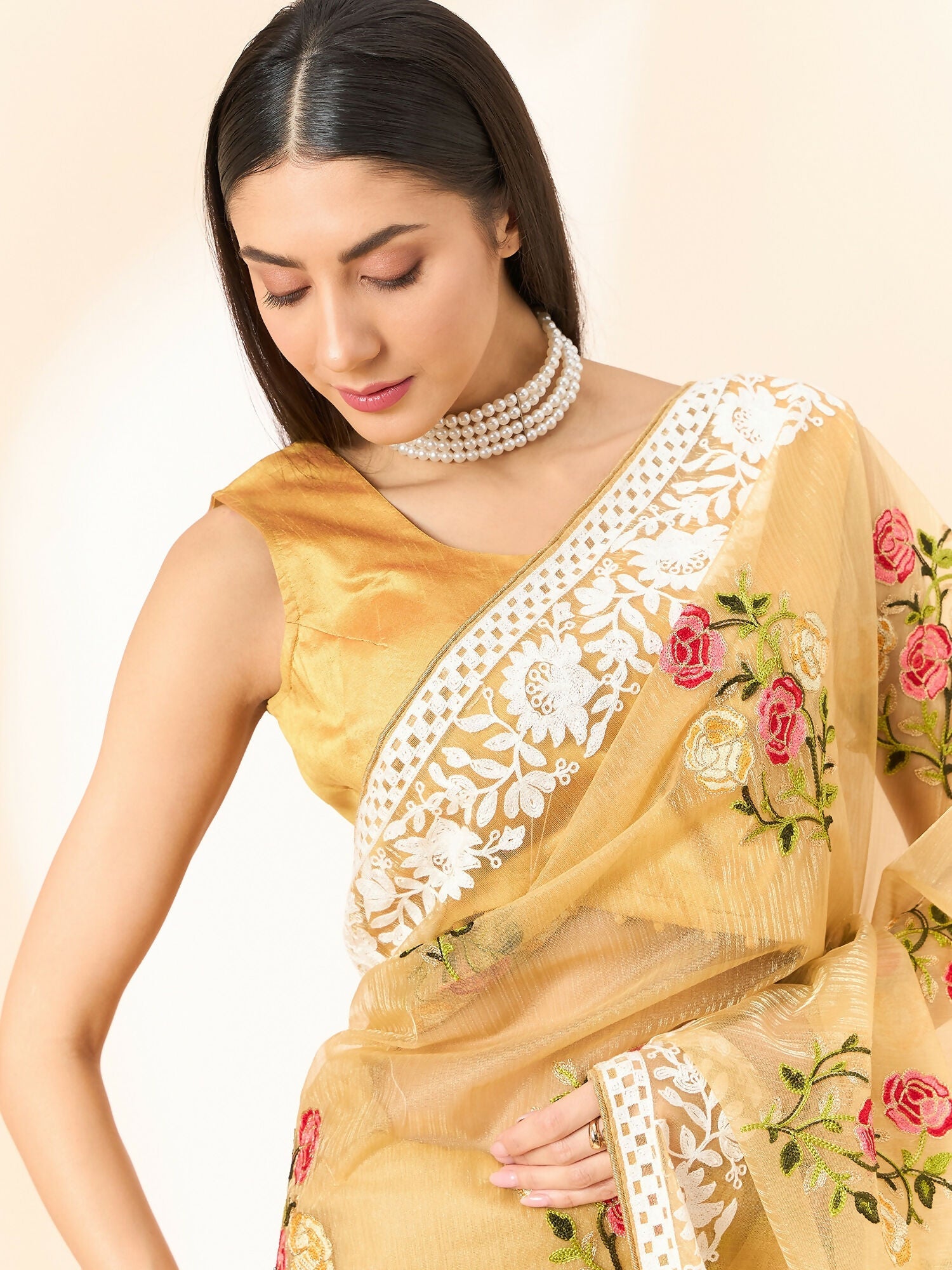 Beige Organza Floral Embroidered Saree with Unstitched Blouse Piece - Roozal