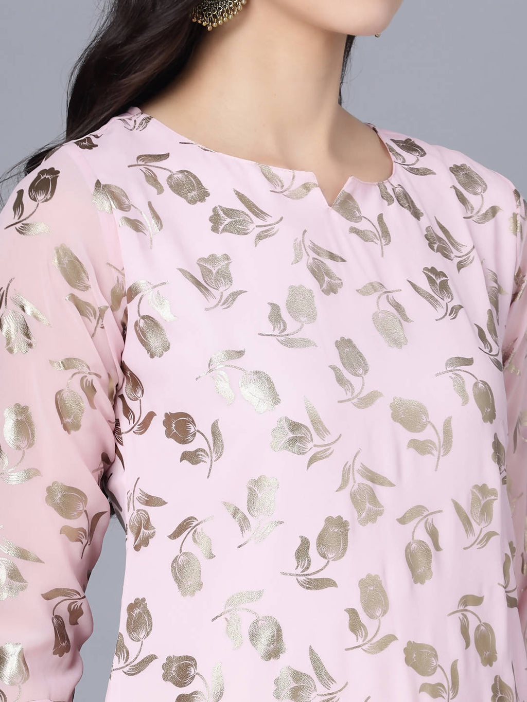 Myshka Women Pink Floral Printed Gotta Patti Georgette Kurta