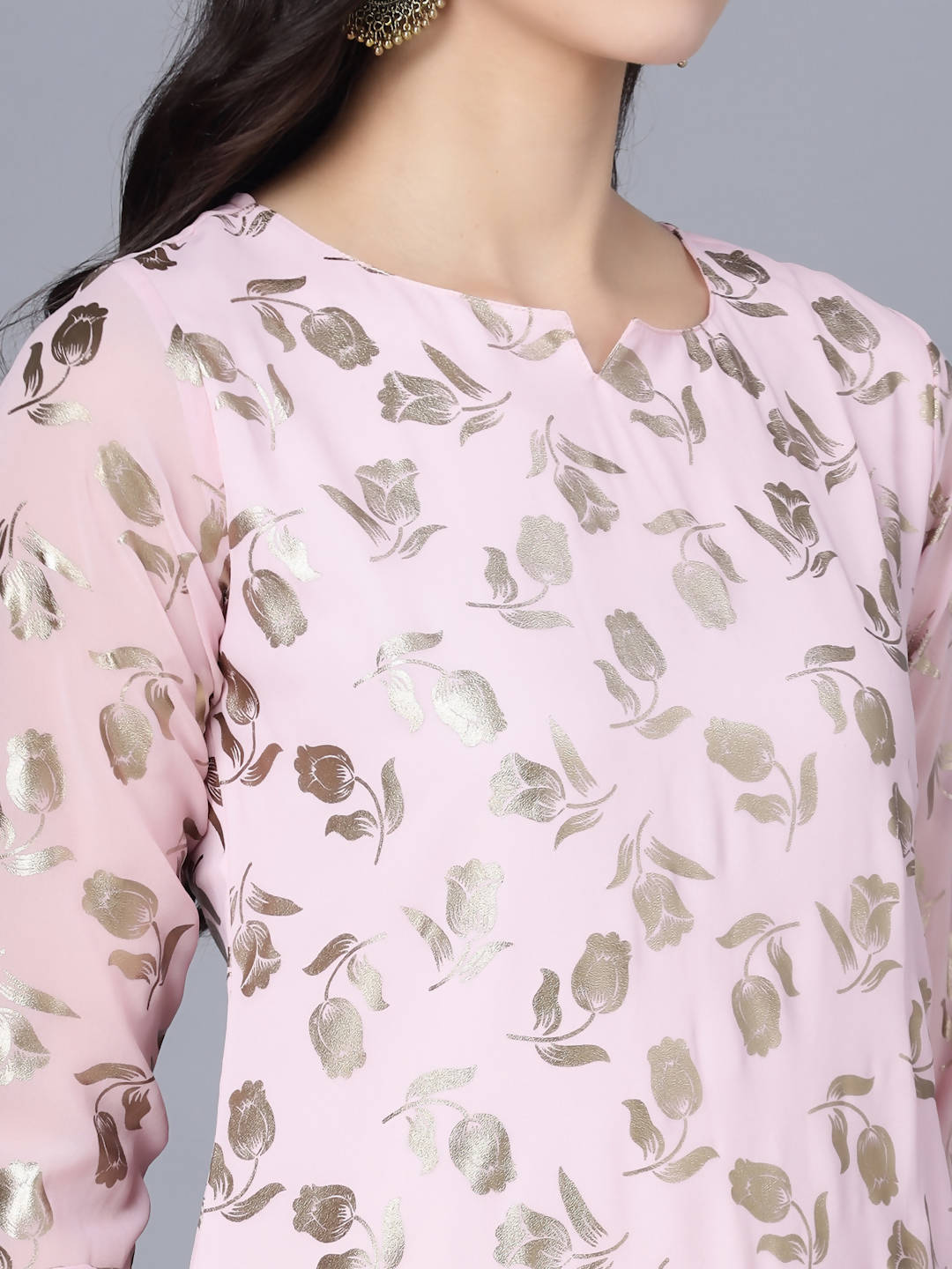 Myshka Women Pink Floral Printed Gotta Patti Georgette Kurta